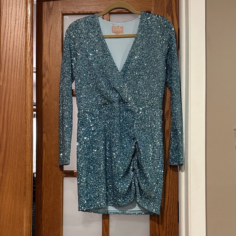 Show Me Your MuMu Sky Blue Sequin Long Sleeve Wrap Mini Dress - Picture 13 of 16